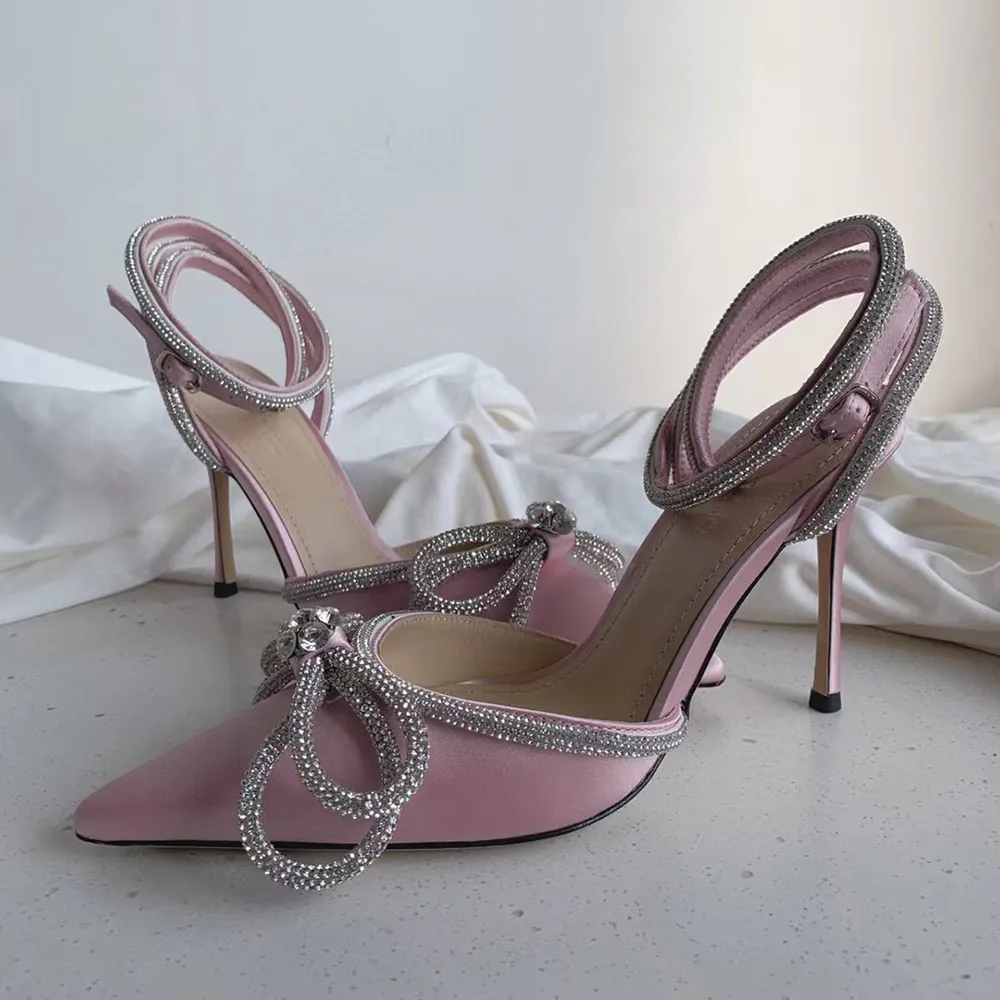 talons Mach Mach Double couche arc décoration Sandales pour femmes escarpins semelle en cuir designer talons hauts95mm femmes chaussures rose visage de soie pantoufles sexy chaussures de banquet