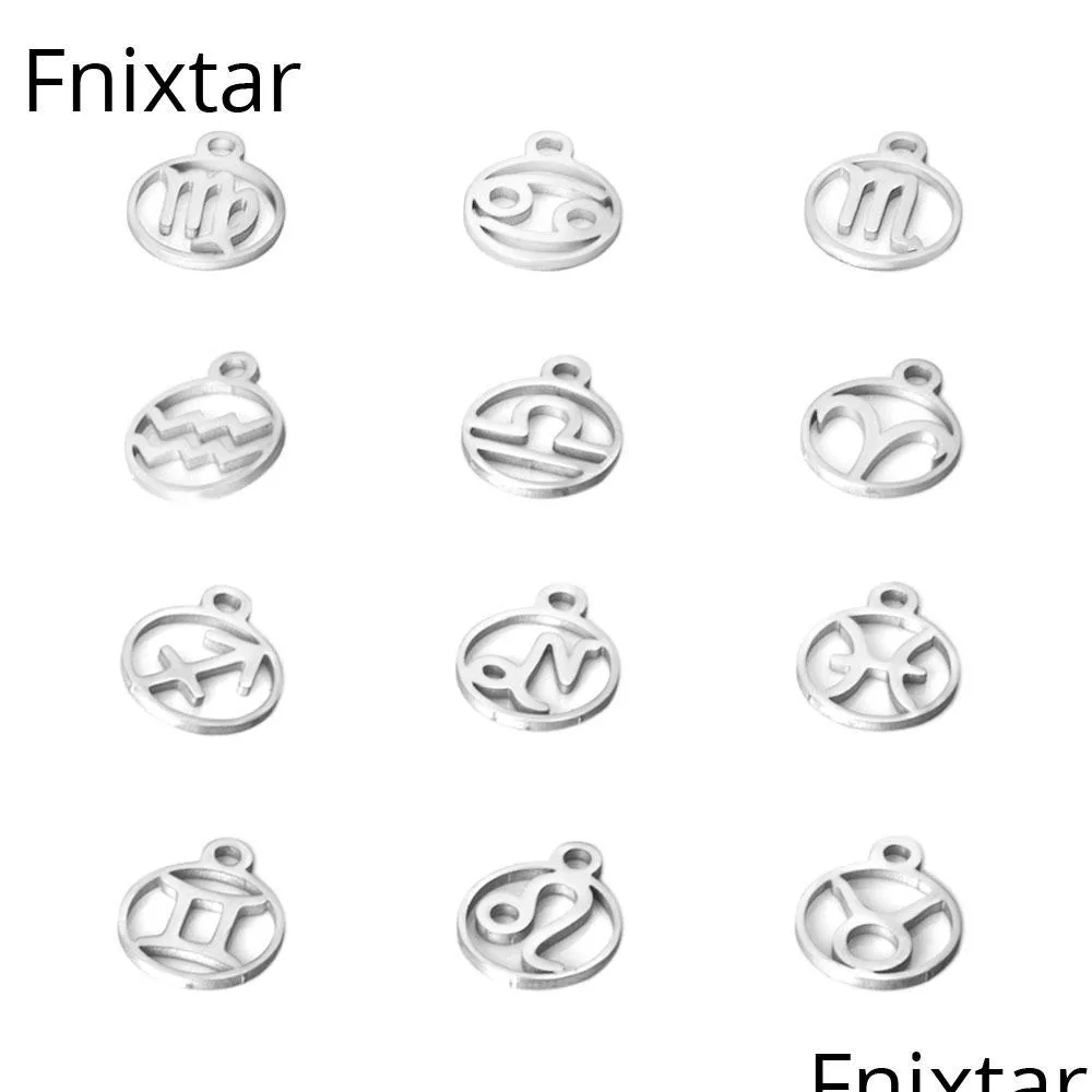 チャームfnixtar 10 8x13 4mmステンレススチールTwee Zodiac Metal Charms for Women Jewelry Making Mini 12pcs/lot Drop d dhoz3