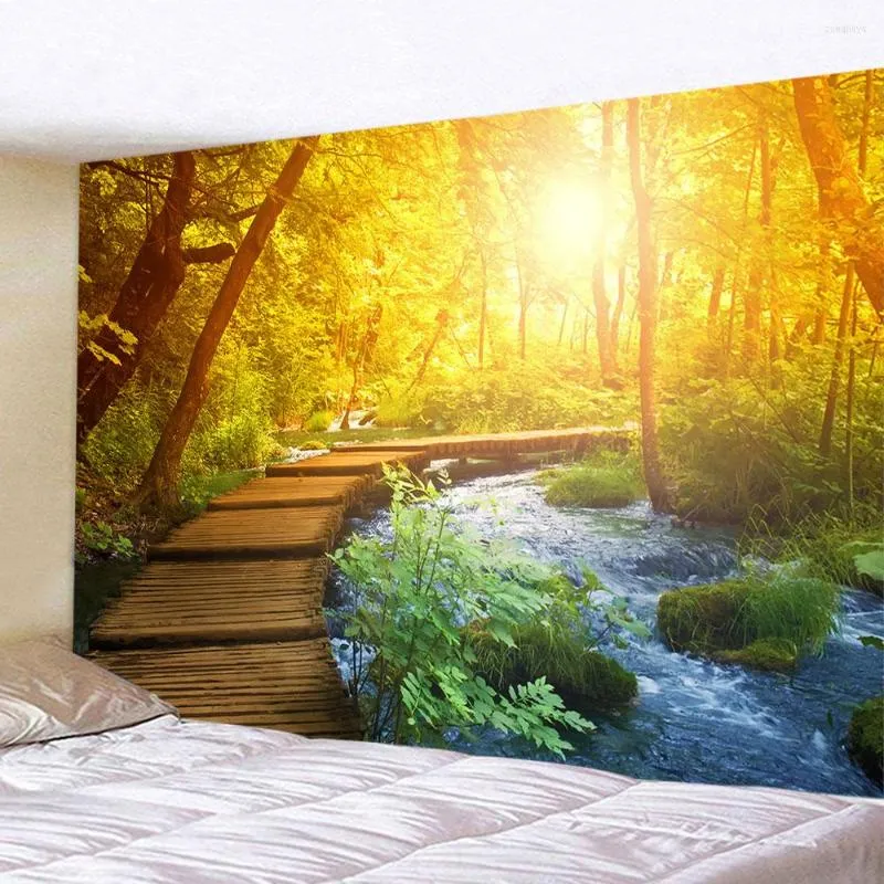 Tapissries Sunset Sunlight Landscape Tapestry Autumn Forest Plant Tree Nature Scenery Wall Hanging Home Living Room Bedroom Decor Eesthetic