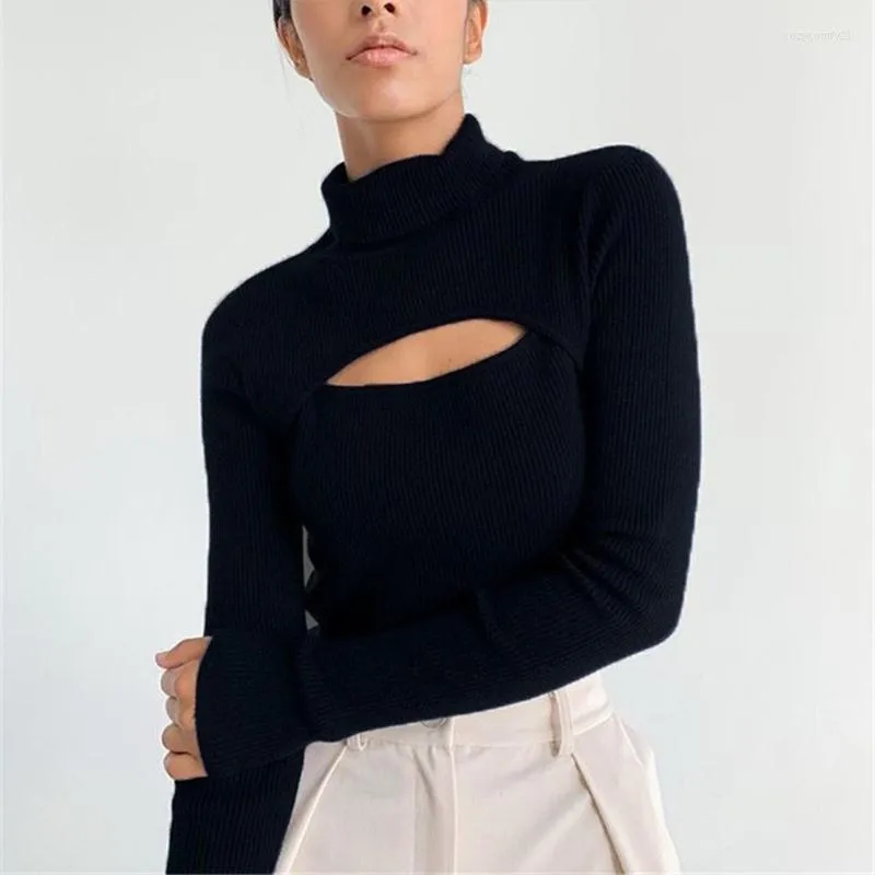 Suéteres para mujer Mujeres de manga larga Suéter de cuello alto Sexy Recorte Keyhole Frente Acanalado Punto Jersey Top Color Sólido Slim Jumper Shirt