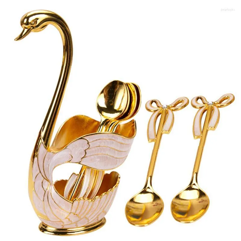 Servis uppsättningar 6st Swan Fork Coffee Spoon Holder Exquisite Hollow Home Decoration Fruktdessertskedar för vardagsrum Köksbeteckna