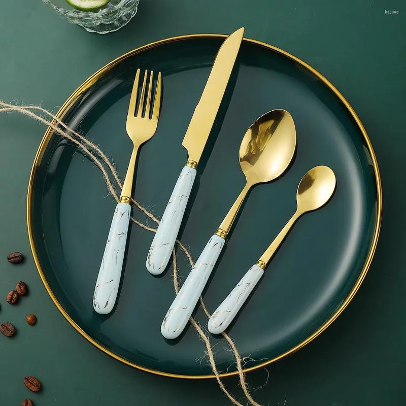 ディナーウェアセットセラミックハンドルゴールドカトラリーセットステンレススチール16PCSナイフフォークコーヒースプーンキッチンディナー食器