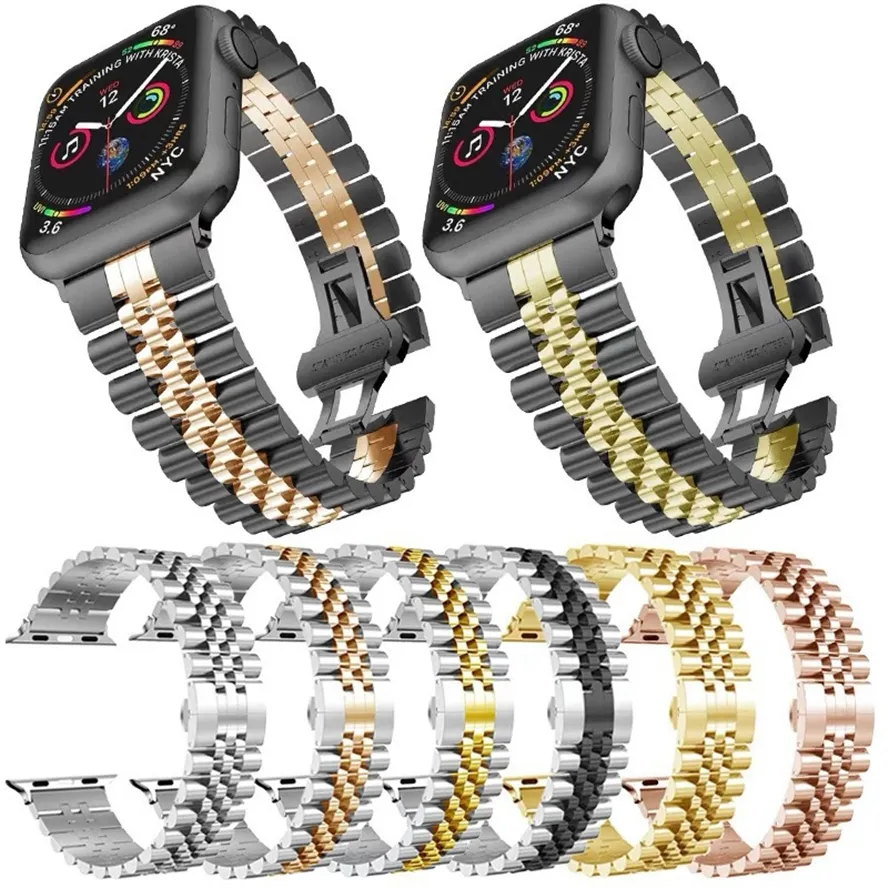 Smart Straps Five Bead Link Armband Armband Rostfritt stål klockband Band Band Butterfly viklås för Apple Watch Series 2 3 4 5 6 7 8 SE Ultra iWatch 41 45mm