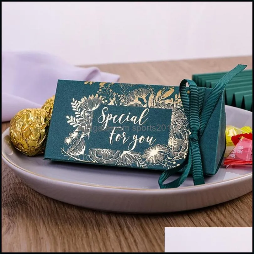 Confezione regalo Cioccolatini Confezione regalo Placcata oro Triangoli di celebrazione del matrimonio Scatola di caramelle Nastro di seta Regali Moda Nuovo arrivo 0 33Cy M2 D Dhahk