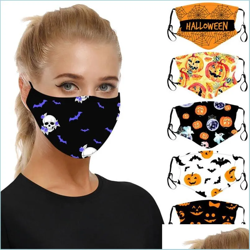 Designer Masks Halloween Pumpkin Printed Face Masks 3D Skl Pm2 5 Protective Washable Reusable Cloth With Adjustable Drop Delivery Ho Dhz2B