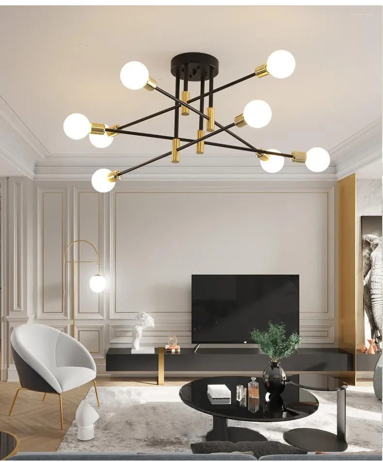 Lustres Moderne Nordic E27 Noir LED Lustre Éclairage Edison 4/6/8 Lumières Intérieur Luminaires Chambre Lampe Chambre