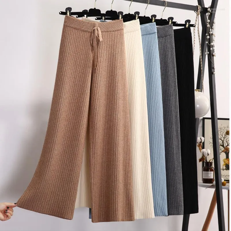 Pantalon Femme Capris Femme Hiver Cachemire Épais Jambes Larges Cheville Tricoté Taille Haute Chic Chaud Côtelé Tricot Décontracté Automne