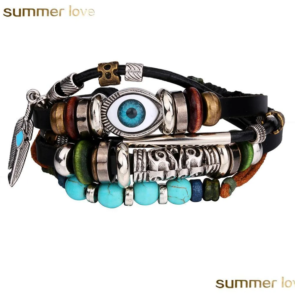 Outras pulseiras Moda Turquia Olhos azuis Bracelets de couro M￣o de liga tran￧ada de mi￧angas para homens e mulheres Lucky atacadale Jewelry Gift Dhxjv