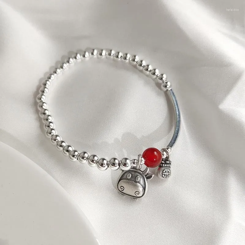 Charm Bracelets Pure S925 Silvering Lucky Amulet Bracelet For Women Red Bead Zodiac Bull FU Pendant Elastic Rope Jewelry Gift Hand Chain