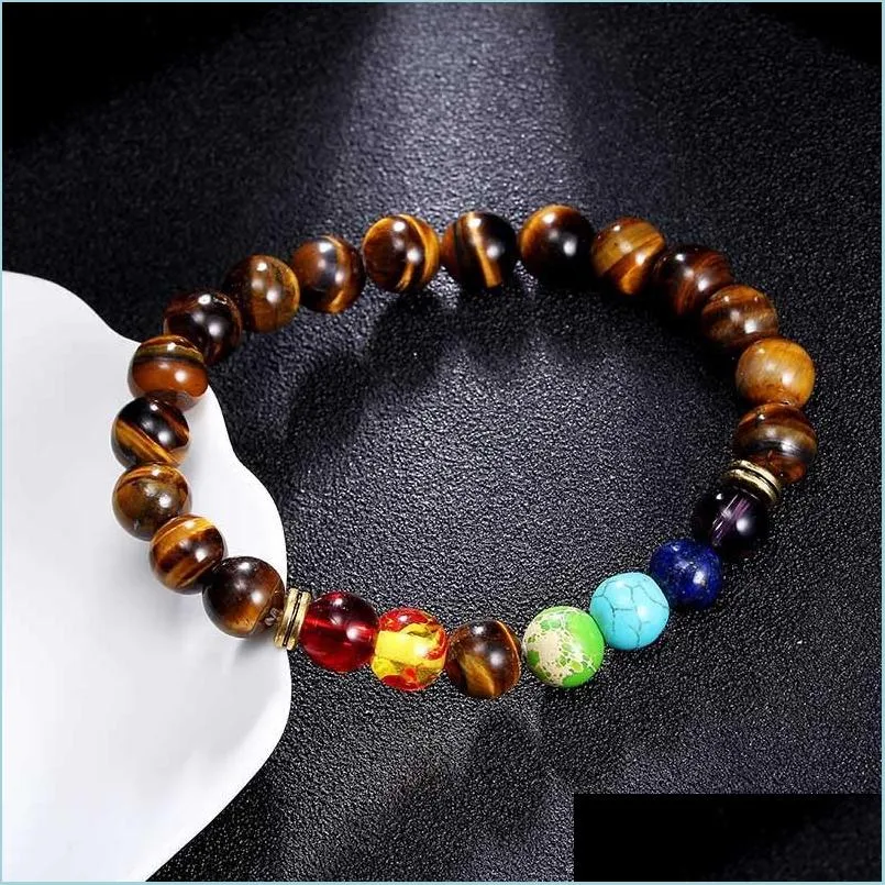 Kaliwowy kamień naturalny Tiger Eye 7 Chakra Bransoletki Banles joga nce koraliki Buddha modlitwa elastyczna bransoletka mężczyzn Kobiety biżuteria dar d prezent d dh9h6