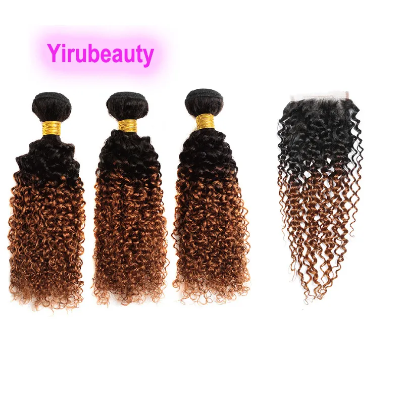 Yrubeauty Brazilian Human Hair 3バンドル4x4レース閉鎖Kinky Curly 4 PCS 1B 30 OMBRE COLOR 10-30INCH