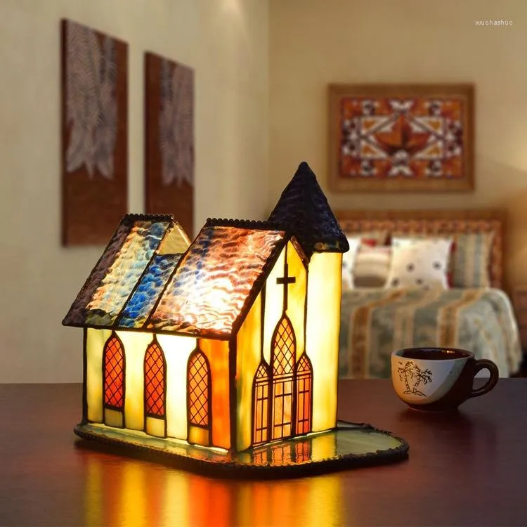 Bordslampor American Retro Small House Art Bedroom Bedside Night Light Feed Lamp Bar Church Glass