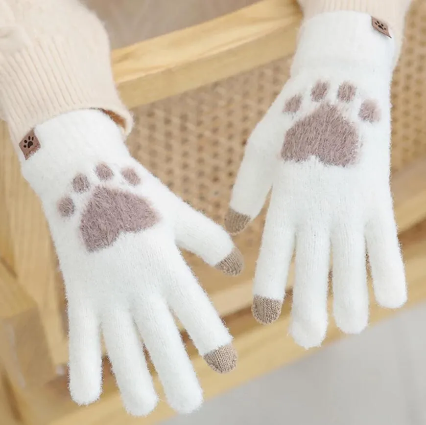 かわいい猫の足の印刷手袋冬の温かいウールタッチスクリーングローブ厚い柔らかいふわふわ編みの女性の女の子のためのミトングローブ