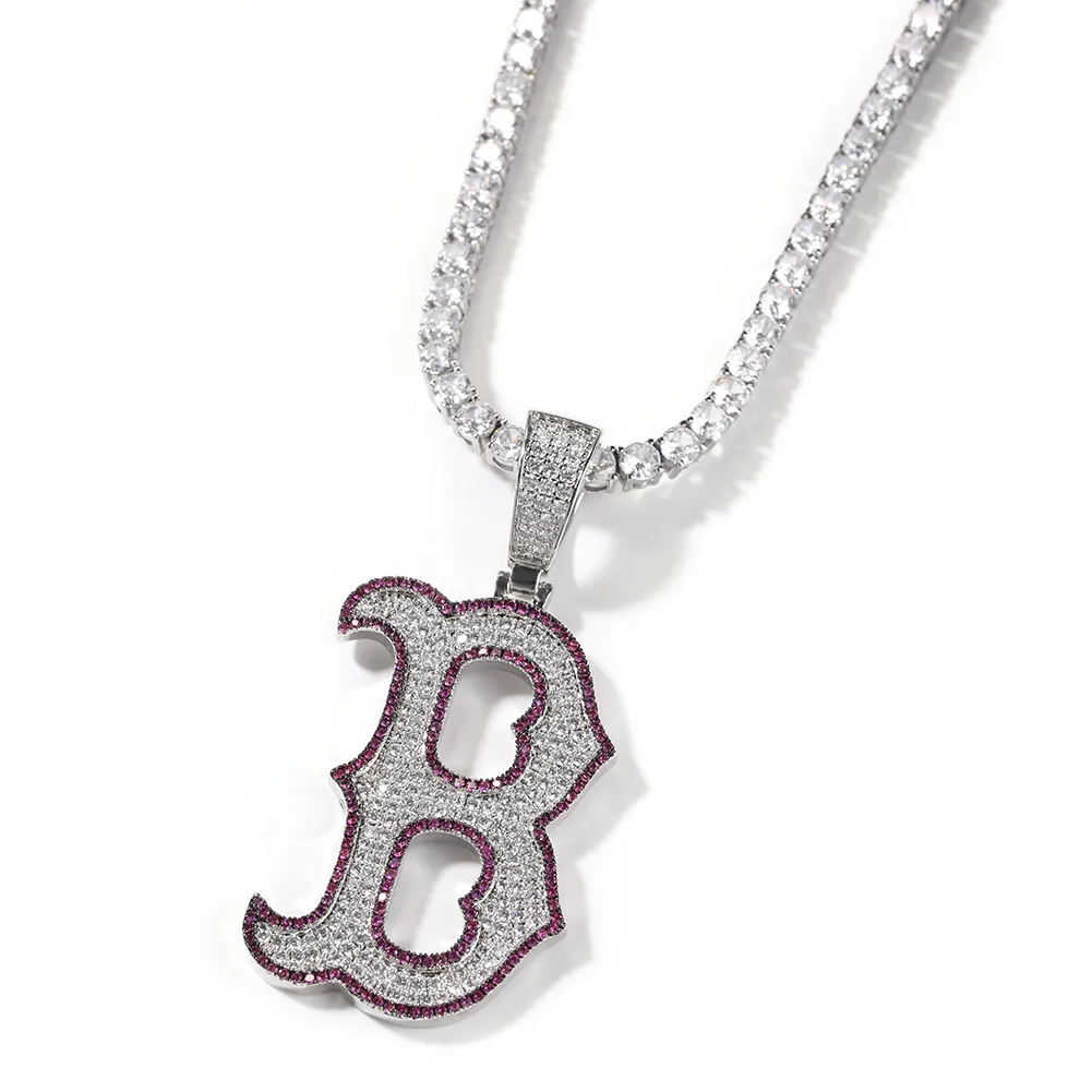 Hip Hop Iced Out Letter B Pendant Necklace Noctilucent Silver Plated with Rope Chain for Men Women