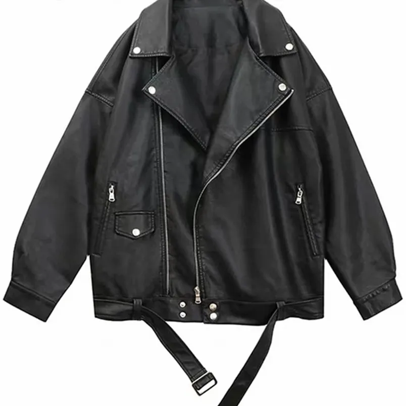 Femmes en cuir Faux Sungtin femmes lâche veste en cuir synthétique polyuréthane noir doux rue Moto motard manteau dame vêtements d'extérieur décontractés 221111