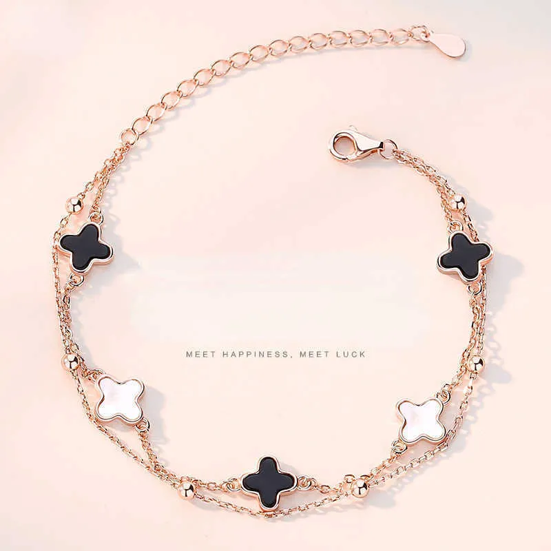 Kette S925 Sterling Silber Kleeblatt fünf Blumenarmband Damenversion einfacher doppelschichtiger roségoldener Mädchenhandschmuck