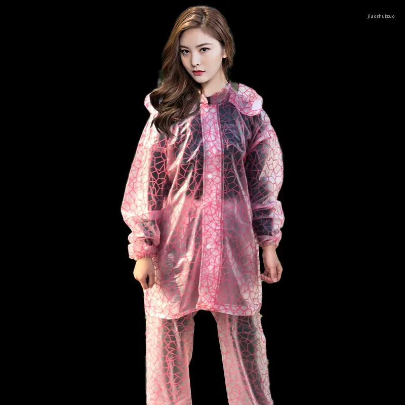 Women's Two Piece Pants Abstract Printing Waterproof See Through PVC Raincoat Hooded Loosen Rainproof Jacket Trousers Sut