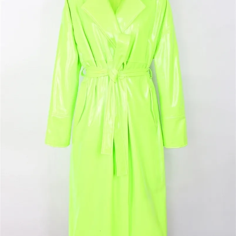 Couro feminino Faux Nerazzurri Spring Autumn Long dimensionário de grandes dimensões Bright Green Patent Trench Trench for Women Sashes Luxury Designer Roupos 221111