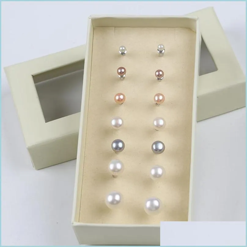 Stud Stud 7Pairs Allmatch White And Mixd Color Pearl Earrings Set Button Freshwater Women Drop Delivery Jewelry Dh4Ty