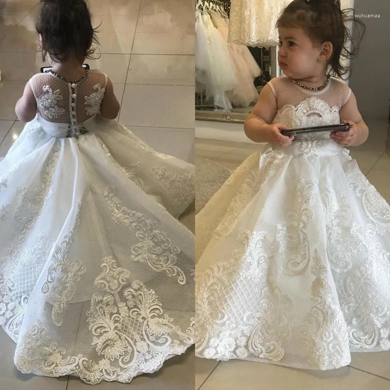 Girl Dresses White Ivory Lovely Flower For Weddings Jewel Neck Lace Buttons Back Kids Birthday Party Pageant Gowns Customize