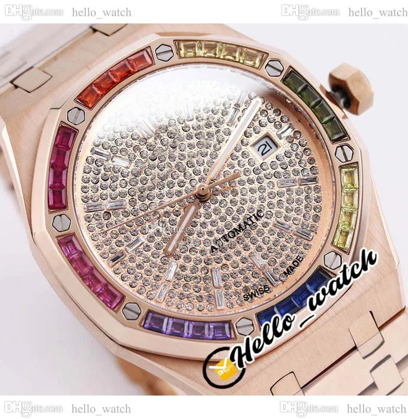 41mm Data A3120 Automático Mens relógio Champagne Full paved Diamonds Dial Dial Gold Gold Rainbow Diamond Buzel Steel Watches Hellowatch A40A1