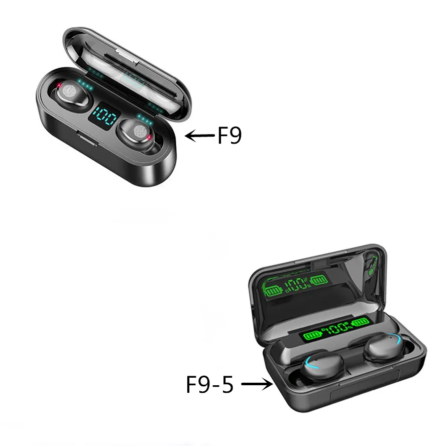 Auricolari per telefoni cellulari F9 TWS Wireless Bluetooth 5.0 Controllo tattile stereo Cuffie sportive impermeabili per musica Display di alimentazione a LED F9-5 Auricolari Cuffie