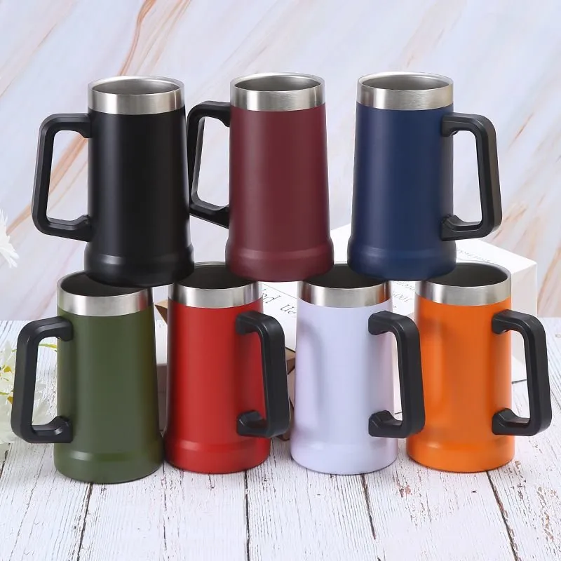 Gobelet en acier inoxydable de 24 oz avec poignée tasse à bière de grande capacité tasse de camping en plein air enduite de poudre sans couvercle gobelets isolés sous vide GY