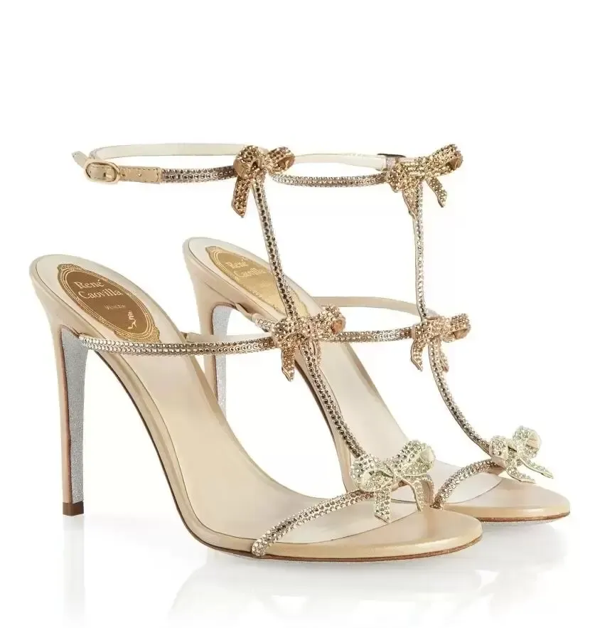 Rene Jewelal Sandals Shoes Caterina Caovilla Women Pumps Bow Crystal Pumps Glitter Swees Lady High High Cheels حفل زفاف الحفلات الصلفية المنقطعة بحجم 42