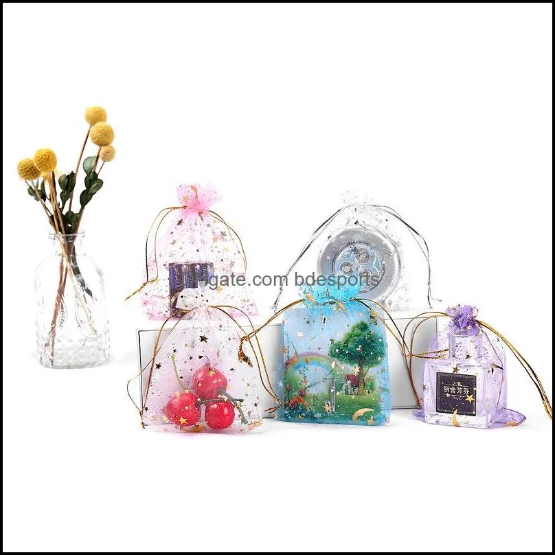 Other Home Storage Organization Stars Moon Favor Gift Bag Organza Dstring Mti Color Bags Plated Gold Printing Pouch Wedding Birthd Dhfaw