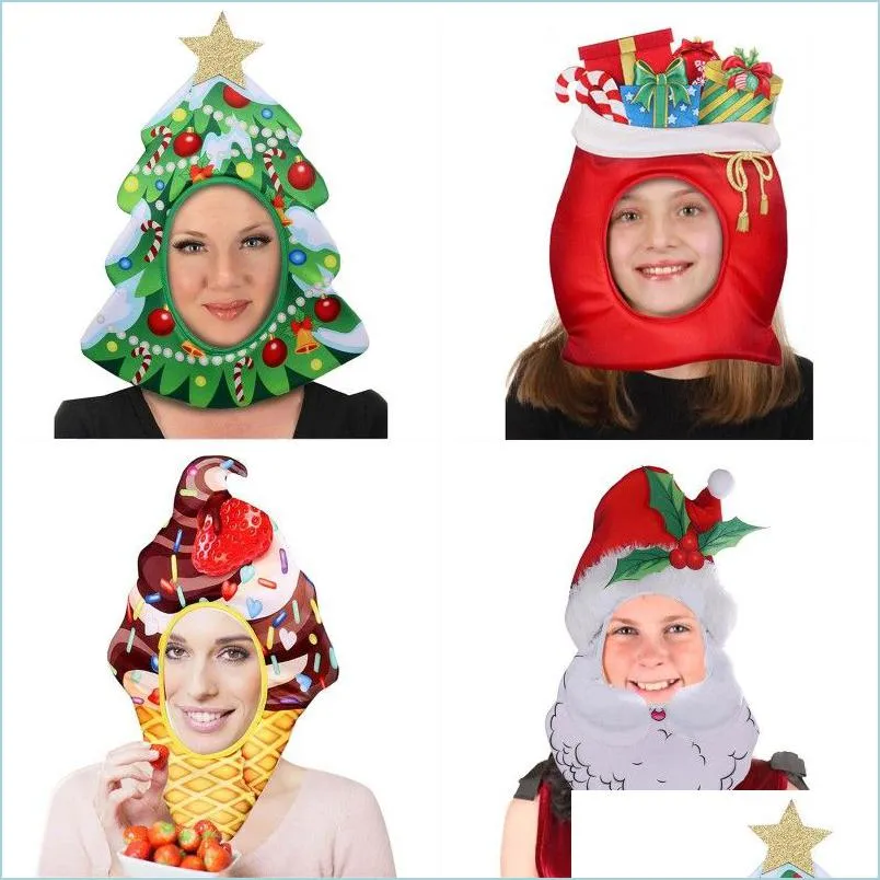 Kerstdecoraties Kerstmiskostuum hoeden Tree Santa Stberry Pizza Dounut Design grappig nieuwjaar cosplay accessoire drop levering h dhnhz