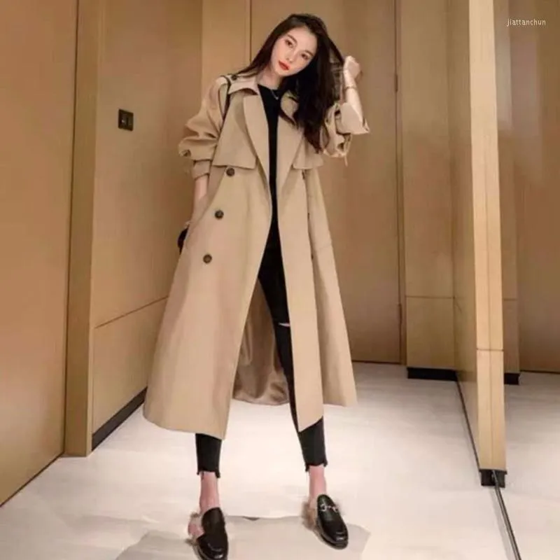 Women's Trench Coats Fashion Korean Oversized Women Coat Double-Breasted Long With Belt Office Lady Windbreaker Spring Autumn Outerwear