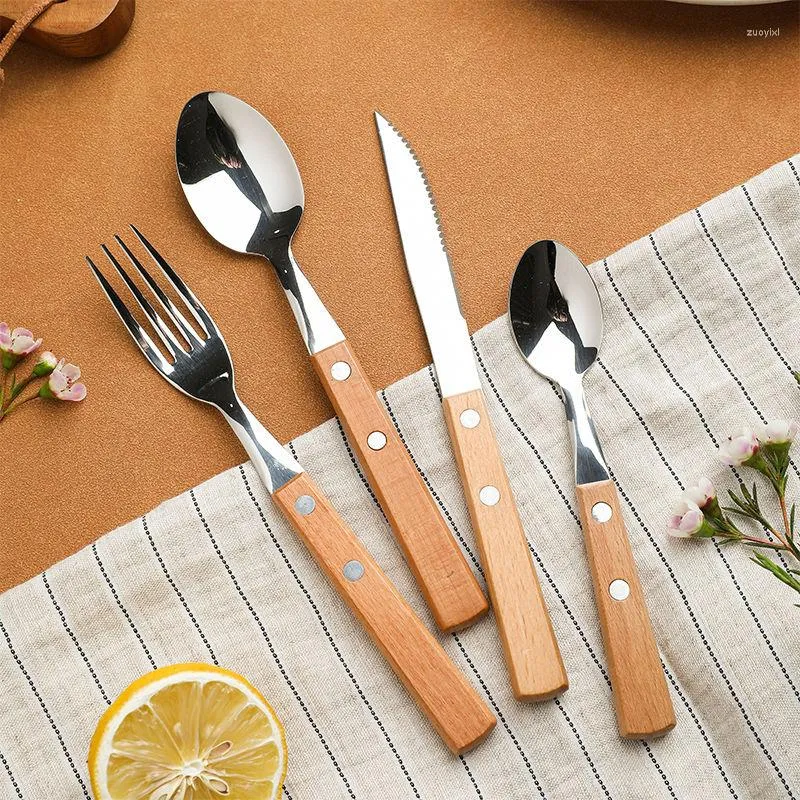 Dinnerware Sets WSHYUFEI Nordic Style Steak Knife Fork And Spoon Set Of Four Stainless Steel Imitation Wood Grain Western Tableware