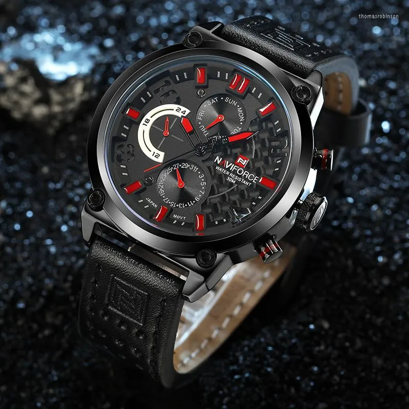 Relojes de pulsera NAVIFORCEC Hombres 30M Reloj deportivo impermeable 24 horas Cuarzo Correa negra Fecha automática NF9068