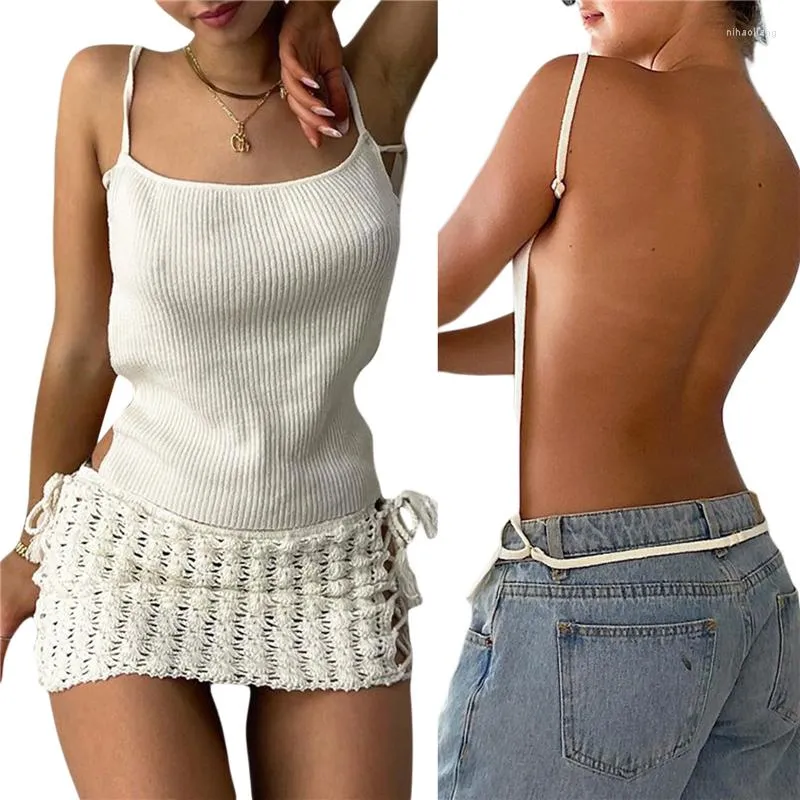 Damestanks XingQing Knust Crop Top 2022 Witte mouwloze Backless vrouwen Y2K kleding Zomer Sexy Beach Spaghetti -band Cami T -shirt