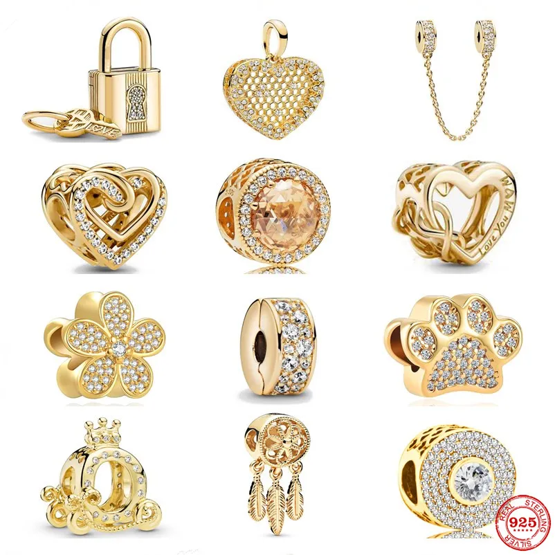 Novo e popular pingente de prata esterlina 925, pingente e coração brilhante e brilhante, pérola de ouro é adequado para pulseira de joias femininas primitivas Pandora DIY