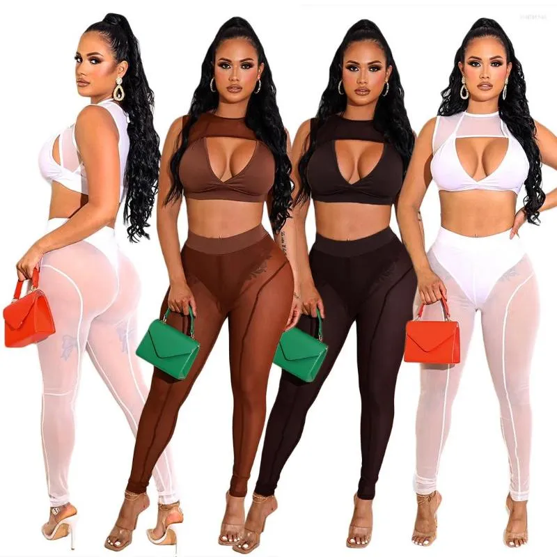 Women's Two Piece Pants Sexy Mesh Patchwork 2 Pieces Sets Cut Out Tank Crop Top And See Through Long Skinny Women Club Outfits Summer Party