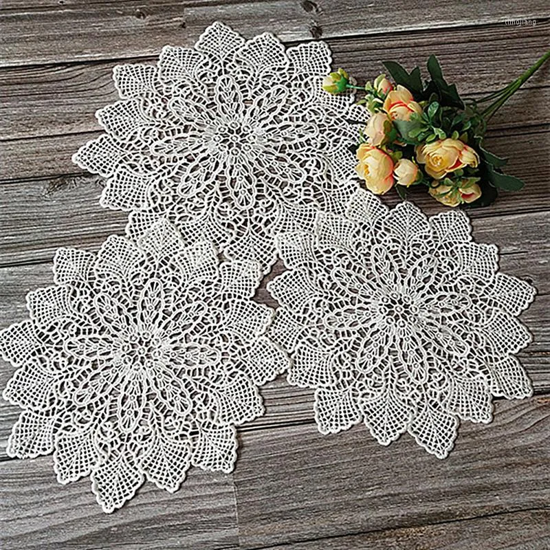 Table Mats Place Mat White Lace Round Embroidery Christmas Pad Cloth Placemat Cup Mug Dining Tea Coffee Doily