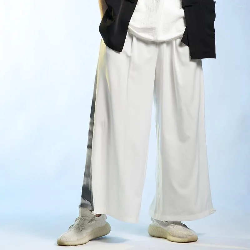 Мужские брюки летняя китайский стиль тонкие ледяные шелковые чернила пэчворки Тай Чи широкие ноги ретро свободные плюс размер укороченные брюки мужская одежда