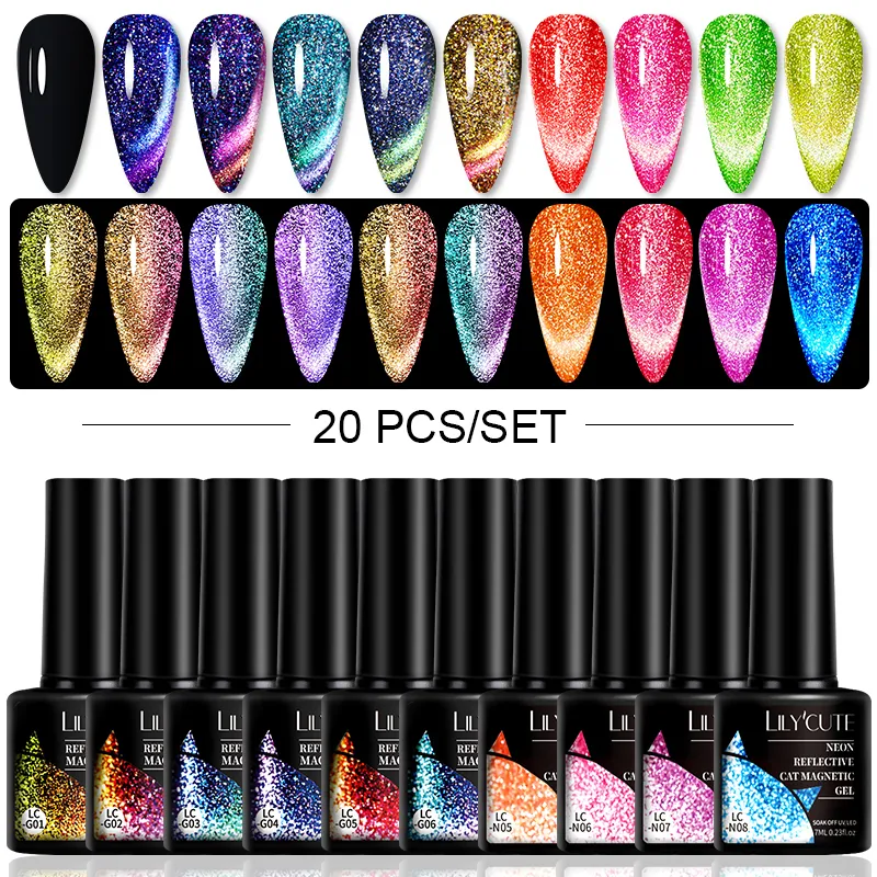 Zestaw manicure paznokci LilyCute 20pcs Poliskalka odbijająca brokat kota magnetyczna sztuka Vernis półprzepustwa zanurzona w kolorze UV ​​221012