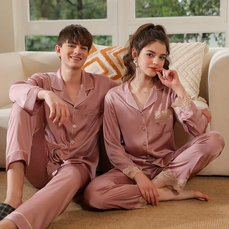 Men's Sleepwear XXXL Lovers Loose 2PCS Pajamas Set 2022 Faux Silk Big Size Couple Nightwear Women Lace Sweet Pijamas Men's Full Sleeve