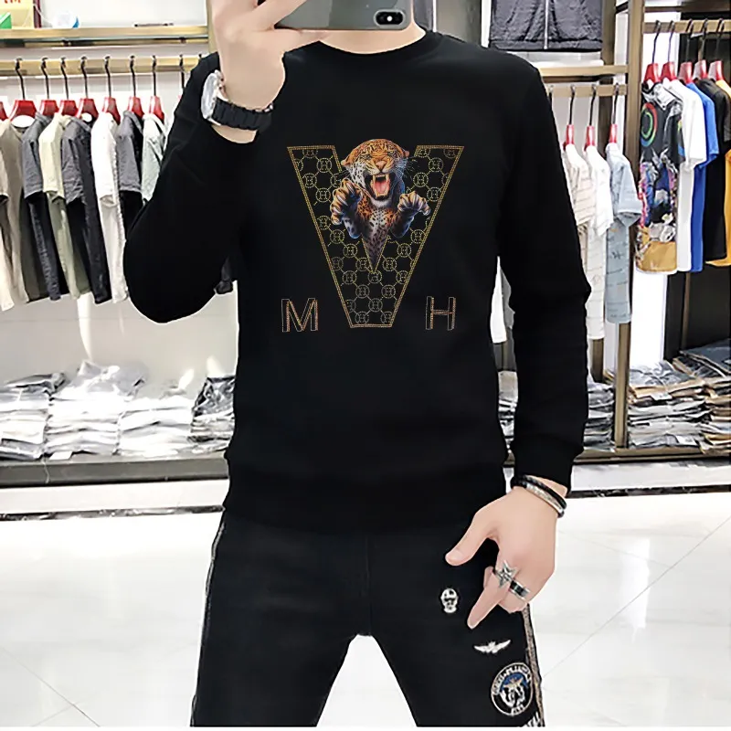 Western Gentleman Men's Hoodies Winter New Brand V-shaped Tiger Pattern Laser Hot Drill Design Sweater Casual Comfortable Round Neck Multi-Color Pullover M-4XL