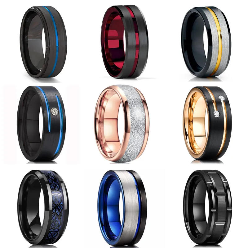 Fashion 8MM Tungsten Carbide Ring Black Celtic Dragon Blue carbon fibre Ring Men Wedding Band