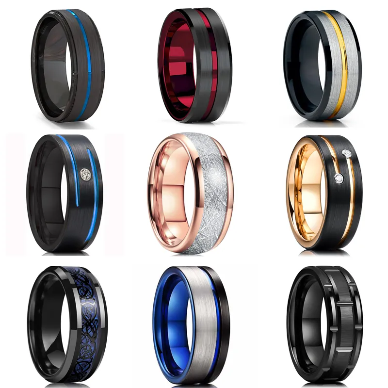 Fashion 8MM Tungsten Carbide Black Celtic Dragon Blue Carbon Fibre Ring Men Wedding Band