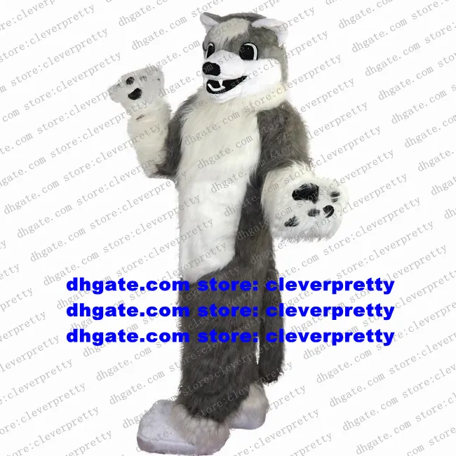 Traje de mascote de lobo cinza de pele longa mascote de cachorro husky pursuit adulto caráter de desenho animado
