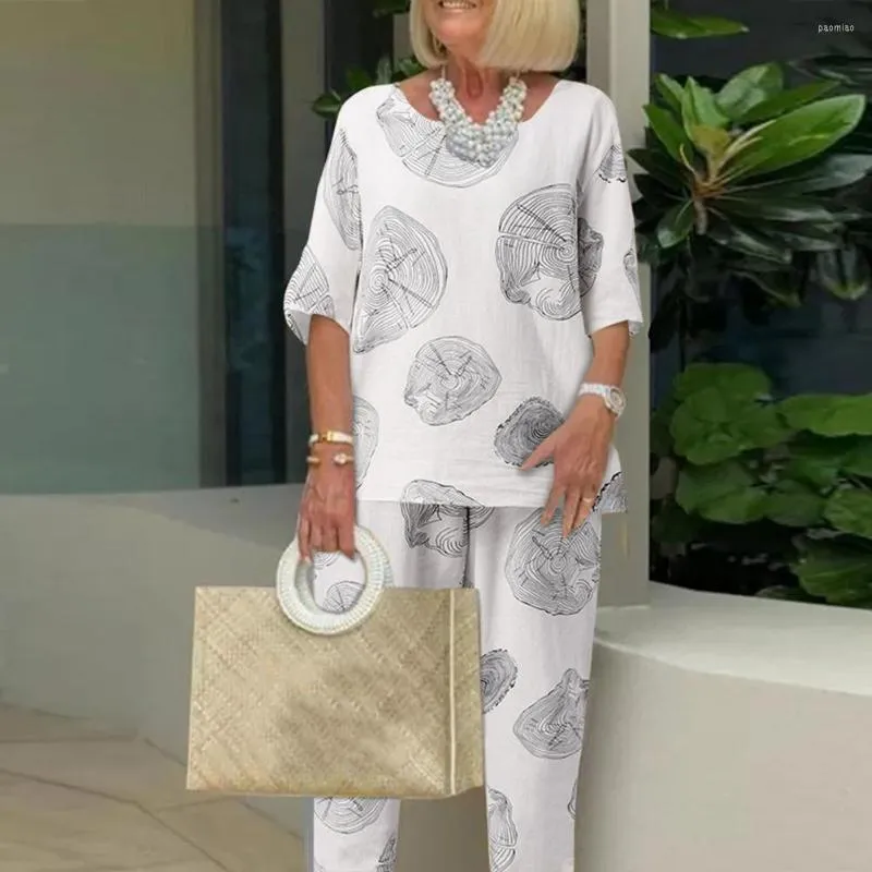 Pantalones De Dos Piezas Para Mujer 2 Unidades Por Juego Tops Para Personas Mayores Conjunto De Media Manga Con Cuello Redondo Blusa Holgada Informal De Verano Con Estampado Vintage Para Abuela Traje
