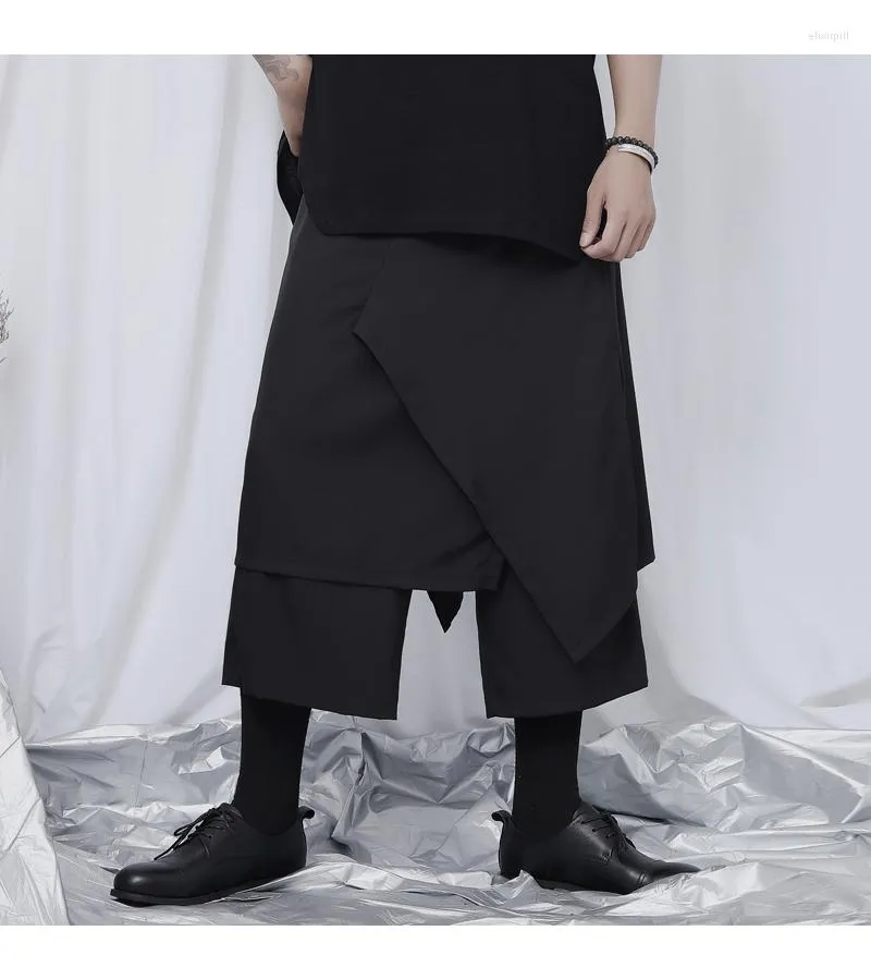 Men's Pants Casual Men's Capris Black Simple Fashion Multi-Layer Irregular Design Loose Wide Leg Trend Large