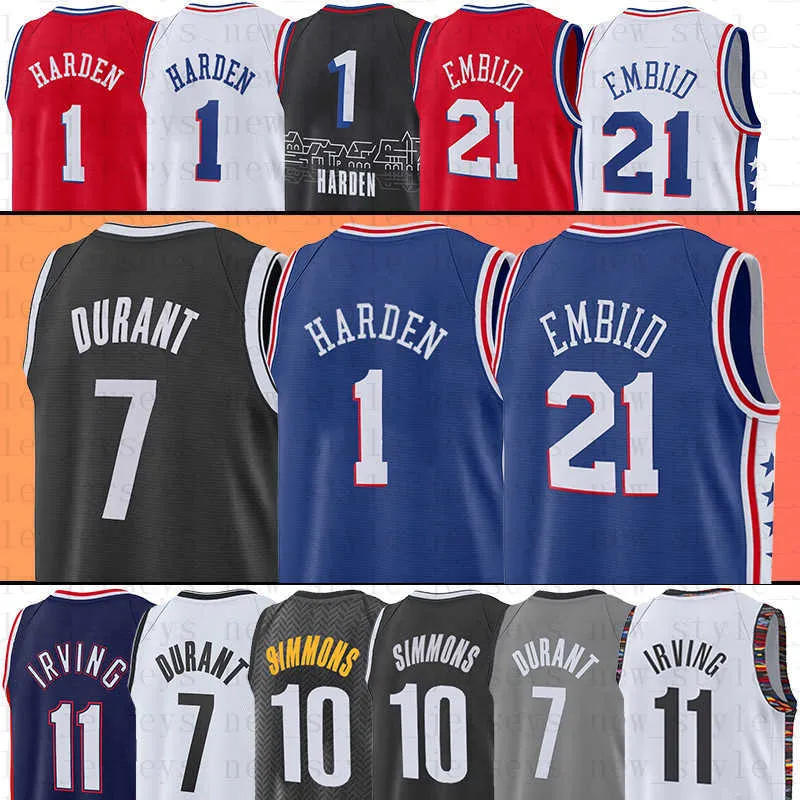 Camisas de basquete personalizadas 1 Harden Kevin b 7 Durant 25 Ben 21 Joel Simmons Kyrie Embiid Irving 75th City Men Jersey