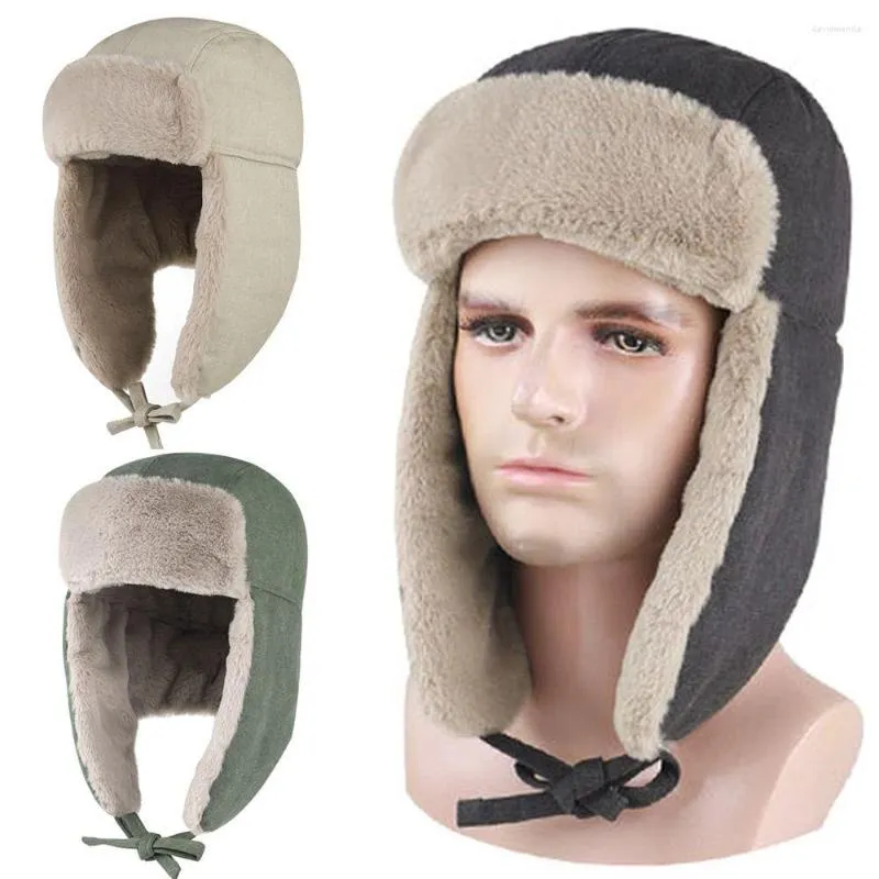 Boinas homens homens capa de ouvido à prova de vento Caps de neve grossos de neve russo Ushanka Bomber Hat Winter