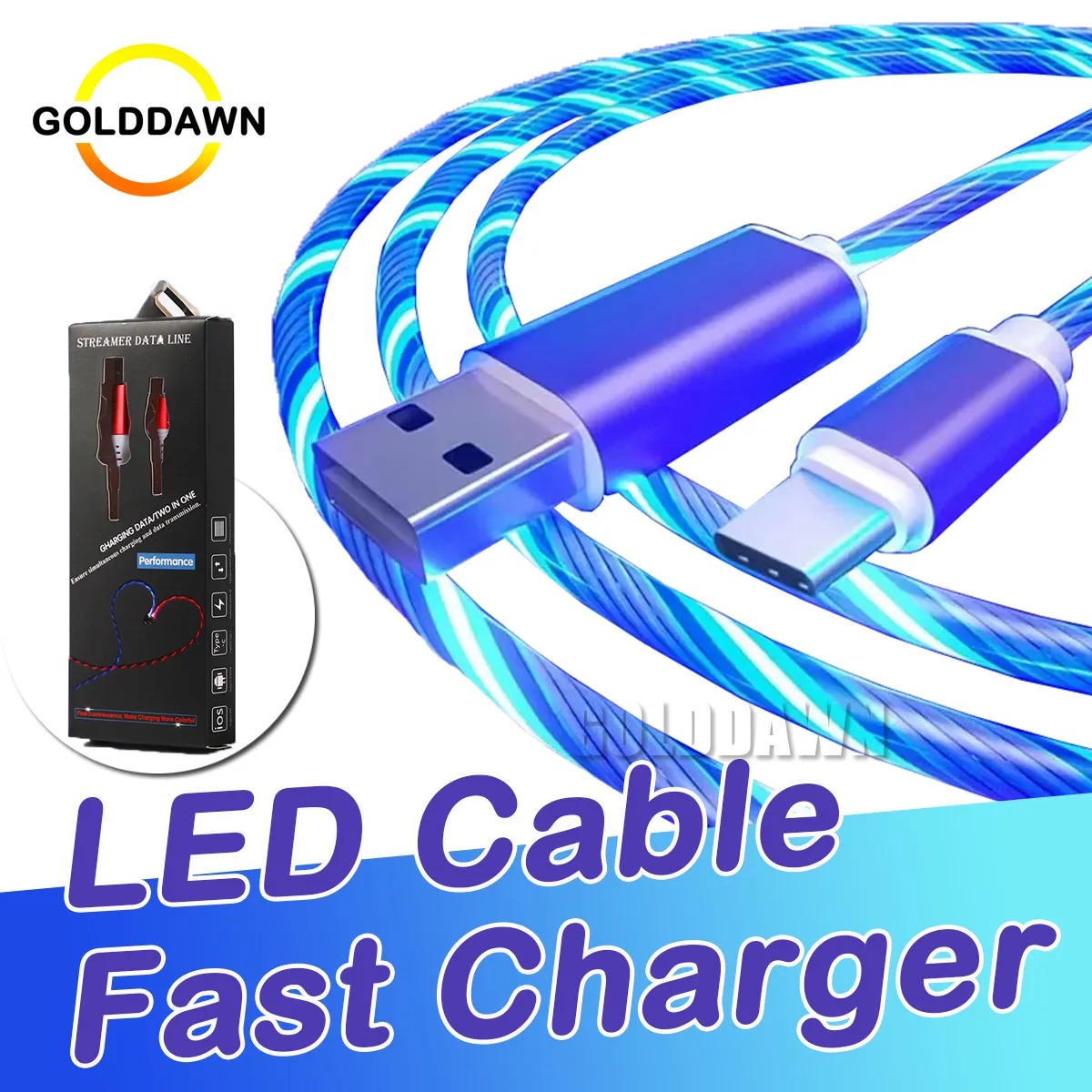 Câbles lumineux Ligne de charge rapide Câble USB Led Flowing 3Ft Type C Micro Wire Téléphone Chargeur rapide Cordon avec emballage de vente au détail