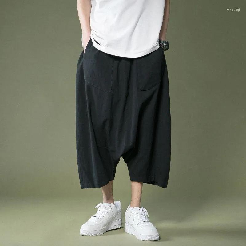 Men's Pants Chinoiserie Cotton Linen Loose Plus Size Baggy Crotch Summer Japanese Harajuku Casual Cropped Trousers Men Clothing